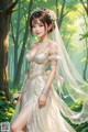 A woman in a wedding dress standing in the woods.