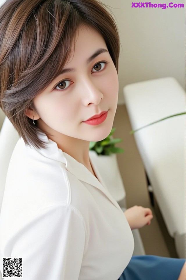A woman in a white shirt and blue skirt posing for a picture.