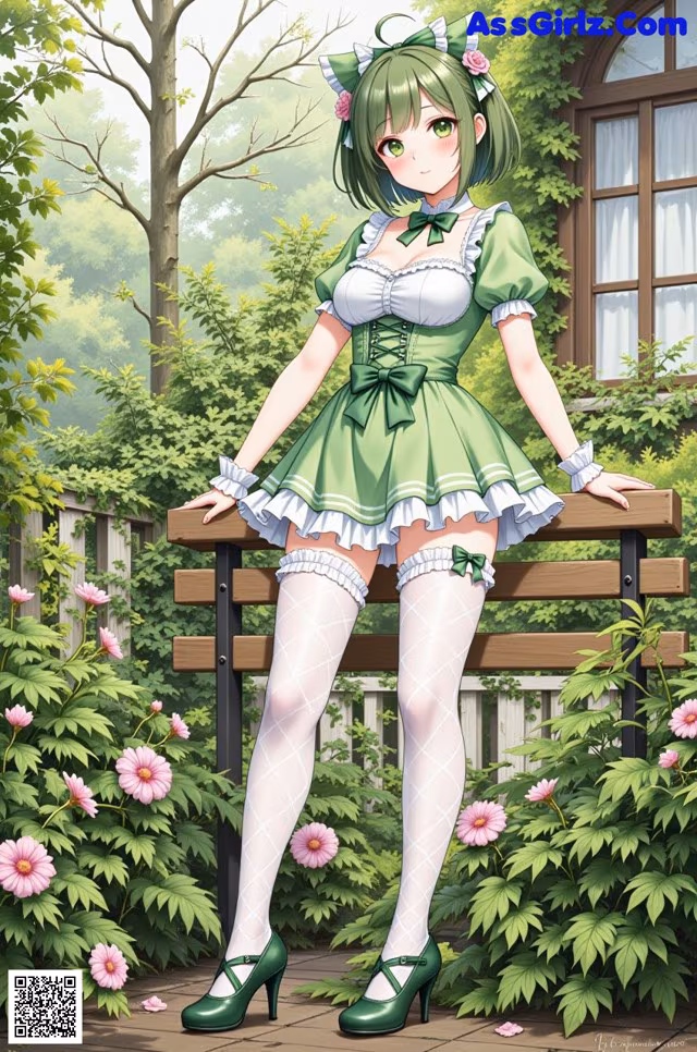 A woman in a green dress sitting on a wooden bench.