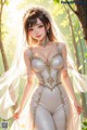A woman in a wedding dress standing in the woods.