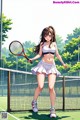 A woman holding a tennis racket on a tennis court.