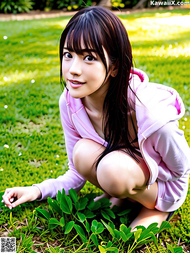 A woman in a pink hoodie crouching on the grass.